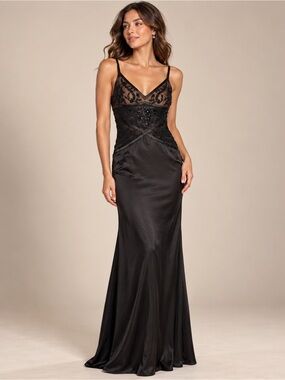 Vintage 90s Caché Black Beaded Mesh Satin Formal Evening Gown Dress M